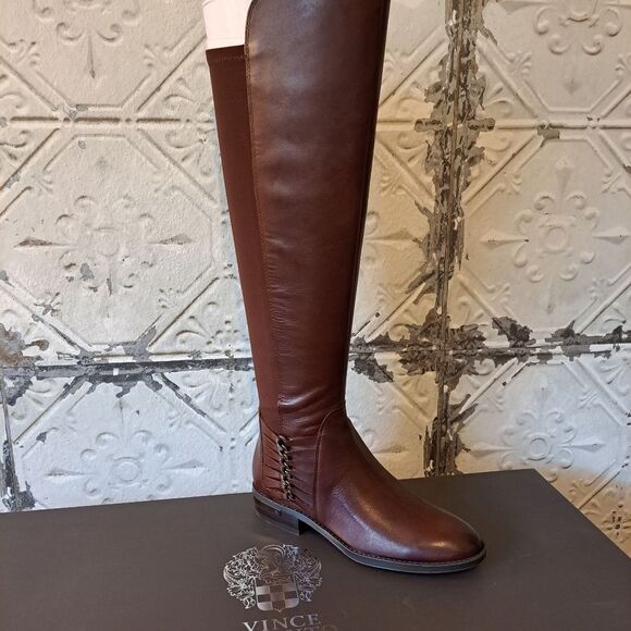 Vince Camuto Knee High Leather Upper Strappy Riding Boots Brown Color - NWT -5.5 - Picture 1 of 8
